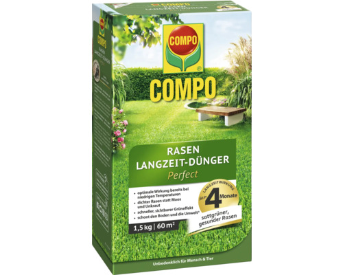 Compo Rasen Langzeit-Dünger Perfect, 1,5 Kilogramm Packung für 60 Quadratmeter Rasenfläche