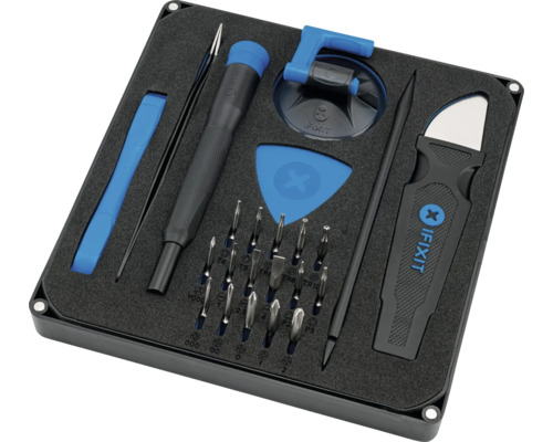 iFixit Mini Werkzeugset mit Schraubendreher, Pinzette und Saugheber in einer schwarzen Box