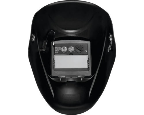 Innenseite einer schwarzen Schweissmaske mit Sichtfenster und Einstellreglern