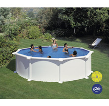 Aufstellpool mit badenden Kindern im Garten, Garantie-Siegel für fünf Jahre auf die Beckenstruktur und Gre Logo