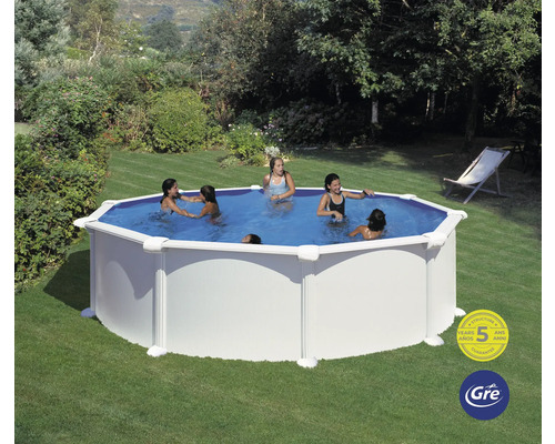 Aufstellpool mit badenden Kindern im Garten, Garantie-Siegel für fünf Jahre auf die Beckenstruktur und Gre Logo