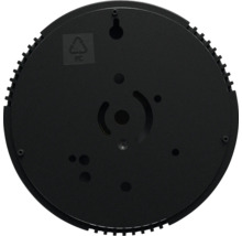 Runde, schwarze LED-Leuchte von unten mit PC-Recycling-Symbol und Befestigungslöchern.