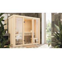 Elementsauna Karibu Avarni 2 ohne Ofen und Dachkranz mit bronzierter Ganzglastüre