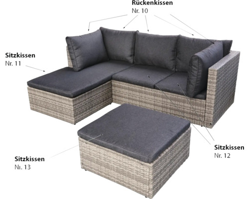 Gartensofa aus Polyrattan mit Fußhocker und Kissen