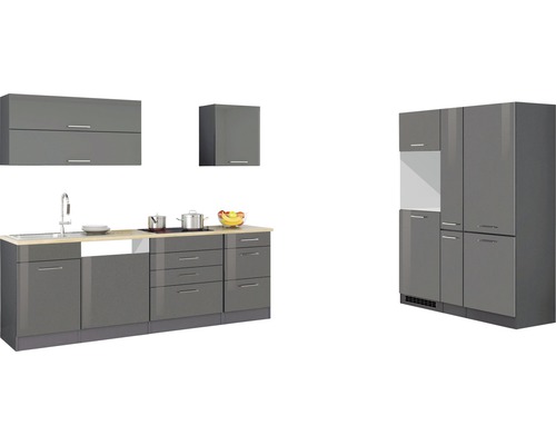 Held Möbel Küchenzeile Mailand 390 cm Frontfarbe grau hochglanz Korpusfarbe graphit zerlegt