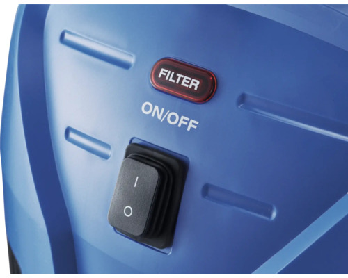 Nahaufnahme eines blauen Staubsaugers mit Filterknopf und Ein- beziehungsweise Ausschalter
