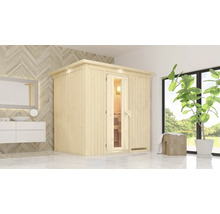 Energiespar-Elementsauna Karibu Benina ohne Ofen mit Dachkranz und Holztüre und Isolierglas wärmegedämmt