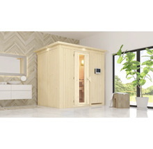 Energiespar-Elementsauna Karibu Benina inkl.3,6 kW Ofen u.ext.Steuerung mit Dachkranz mit Holztüre und Isolierglas wärmegedämmt
