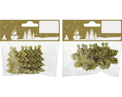 Weihnachtsbaumanhänger Weihnachtsbäume Schneeflocken Kunststoff Ø 5,5 cm gold 8 Stück zufällige Motivauswahl Weihnachtsbaum- und Schneeflockenanhänger im Doppelpack