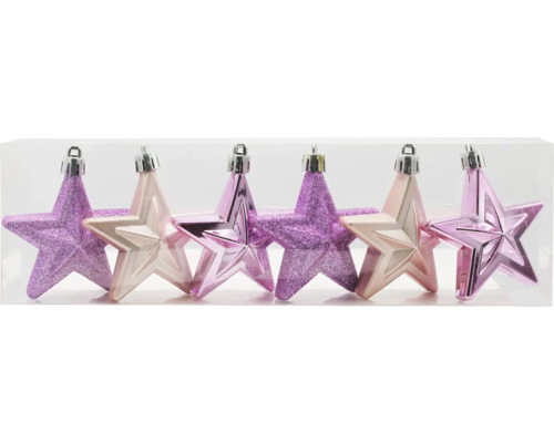 Weihnachtsbaumschmuck Sterne Kunststoff Ø 6 cm rosa 6 Stück zufällige Motivauswahl Set aus sechs sternförmigen Christbaumkugeln