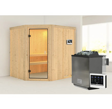 Holzsauna mit Glastür, Steuerungselement und Saunaofen