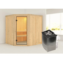 Elementsauna Karibu Bodo inkl. 9 kW Ofen u.integr.Steuerung ohne Dachkranz mit bronzierter Ganzglastüre