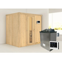 Elementsauna Karibu Bodina inkl. 9 kW Ofen u.ext.Steuerung ohne Dachkranz mit Holztüre und Isolierglas wärmegedämmt