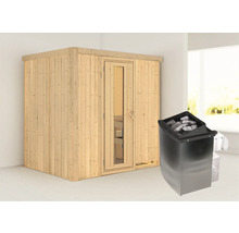 Elementsauna Karibu Bodina inkl. 9 kW Ofen u.integr.Steuerung ohne Dachkranz mit Holztüre und Isolierglas wärmegedämmt