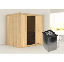 Elementsauna Karibu Bodina inkl. 9 kW Ofen u.integr.Steuerung ohne Dachkranz mit graphitfarbeneer Ganzglastüre