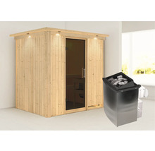 Elementsauna Karibu Bodina inkl. 9 kW Ofen u.integr.Steuerung mit Dachkranz und graphitfarbeneer Ganzglastüre