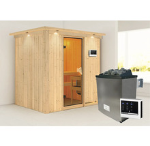 Elementsauna Karibu Bodina inkl. 9 kW Ofen u.ext.Steuerung mit Dachkranz und bronzierter Ganzglastüre