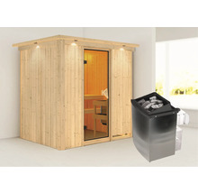 Elementsauna Karibu Bodina inkl. 9 kW Ofen u.integr.Steuerung mit Dachkranz und bronzierter Ganzglastüre