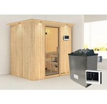 Elementsauna Karibu Bodina inkl. 9 kW Ofen u.ext.Steuerung mit Dachkranz und Ganzglastüre aus Klarglas