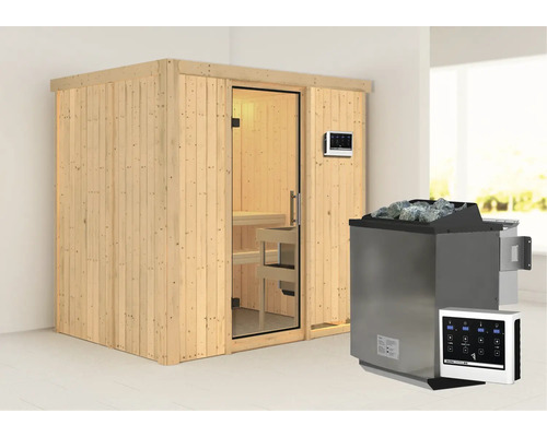 Elementsauna Karibu Bodina inkl. 9 kW Bio Ofen u.ext.Steuerung ohne Dachkranz mit Ganzglastüre aus Klarglas