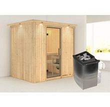 Elementsauna Karibu Bodina inkl. 9 kW Ofen u.integr.Steuerung mit Dachkranz und Ganzglastüre aus Klarglas