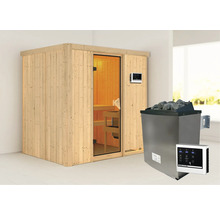 Elementsauna Karibu Bodina inkl. 9 kW Ofen u.ext.Steuerung ohne Dachkranz mit bronzierter Ganzglastüre