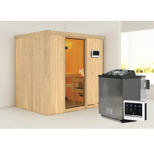Elementsauna Karibu Bodina inkl. 9 kW Bio Ofen u.ext.Steuerung ohne Dachkranz mit bronzierter Ganzglastüre
