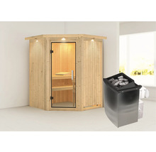 Elementsauna Karibu Larina inkl. 9 kW Ofen u.integr.Steuerung mit Dachkranz und Ganzglastüre aus Klarglas