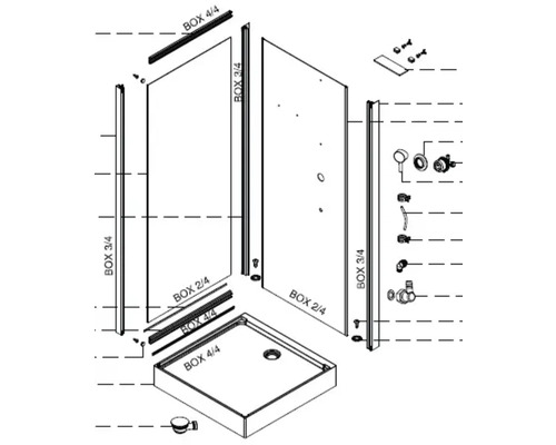 Explosionszeichnung einer Duschkabine mit Duschwanne und Armaturen.