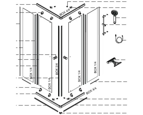 Explosionszeichnung einer Duschkabine, die ihre Einzelteile und Montage zeigt