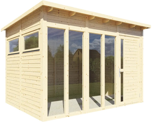 Holzgartenhaus mit Fenstern und Tür