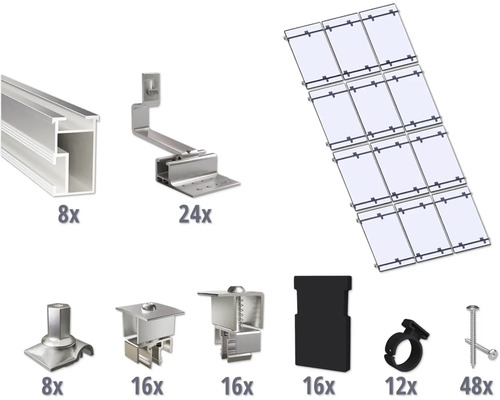 Montageset für 12 PV-Module (3x4) auf Schrägdach/Ziegeldach inkl. 8x Montageschiene 3650 mm