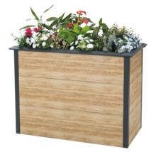 Blumenkasten mit Holzoptik und diversen Pflanzen