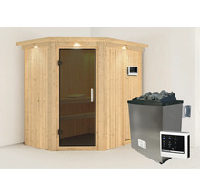 Elementsauna Karibu Carina inkl. 9 kW Ofen u.ext.Steuerung mit Dachkranz und graphitfarbeneer Ganzglastüre