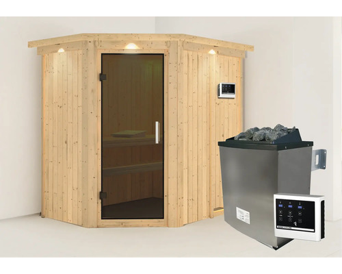 Elementsauna Karibu Carina inkl. 9 kW Ofen u.ext.Steuerung mit Dachkranz und graphitfarbiger Ganzglastüre