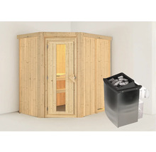 Ecksauna aus Holz mit Saunaofen