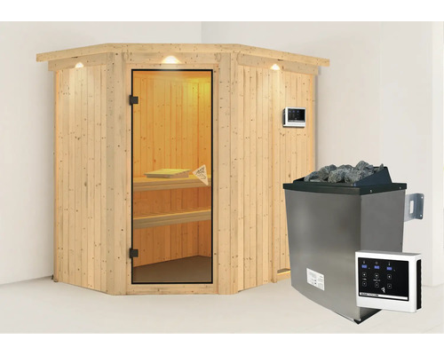 Elementsauna Karibu Carina inkl. 9 kW Ofen u.ext.Steuerung mit Dachkranz und bronzierter Ganzglastüre Elementsauna Karibu Carina inkl. 9 kW Ofen u.ext.Steuerung mit Dachkranz und bronzierter Ganzglastüre