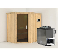 Ecksauna mit Glastür, Steuergerät und Saunaofen