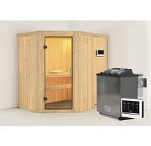 Holzsauna mit Glastür, Saunaofen und Steuerung