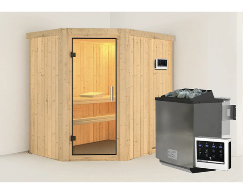 Elementsauna Karibu Carina inkl. 9 kW Bio Ofen u.ext.Steuerung ohne Dachkranz mit Ganzglastüre aus Klarglas