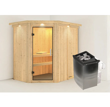 Elementsauna Karibu Carina inkl. 9 kW Ofen u.integr.Steuerung mit Dachkranz und Ganzglastüre aus Klarglas