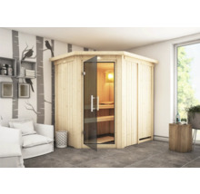 Elementsauna Karibu Carina ohne Ofen mit Dachkranz und graphitfarbiger Ganzglastüre
