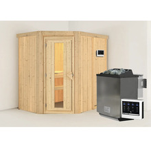 Ecksauna mit Glastür und Saunaofen mit Steinen