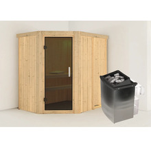 Elementsauna Karibu Carina inkl. 9 kW Ofen u.integr.Steuerung ohne Dachkranz mit graphitfarbeneer Ganzglastüre