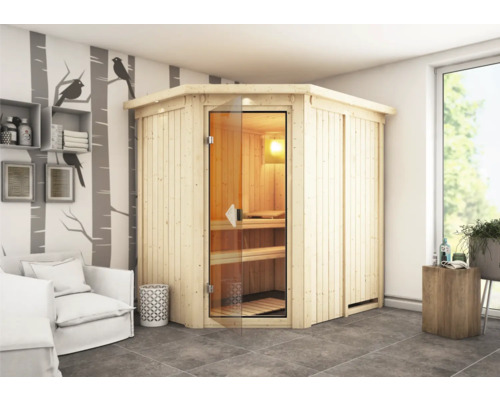 Ecksauna mit Glastür und Holzbänken im Innenraum