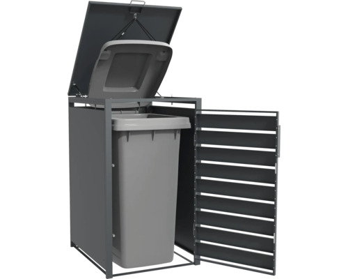 Mülltonnenbox mit geöffnetem Deckel und Mülltonne