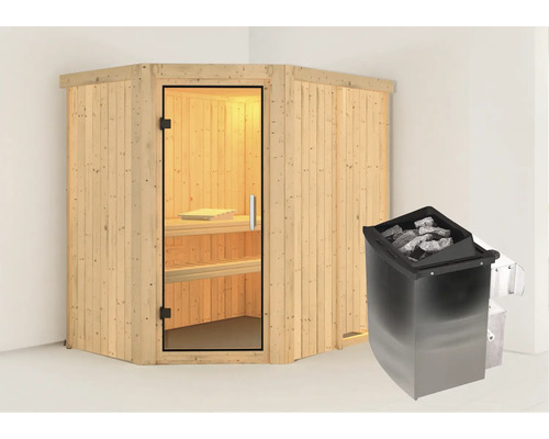 Elementsauna Karibu Carina inkl. 9 kW Ofen u.integr.Steuerung ohne Dachkranz mit Ganzglastüre aus Klarglas