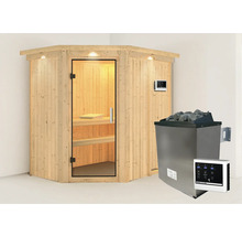 Elementsauna Karibu Carina inkl. 9 kW Ofen u.ext.Steuerung mit Dachkranz und Ganzglastüre aus Klarglas