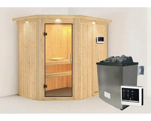 Elementsauna Karibu Carina inkl. 9 kW Ofen u.ext.Steuerung mit Dachkranz und Ganzglastüre aus Klarglas