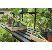 Gartenarbeitstisch mit Pflanzen, Werkzeugen und Pflanzgefäßen in einem Gewächshaus.